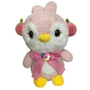 Latt Liv Kawaii Pink White Plush Penguin Toy Stuffed Animal Gingham Flower 11"